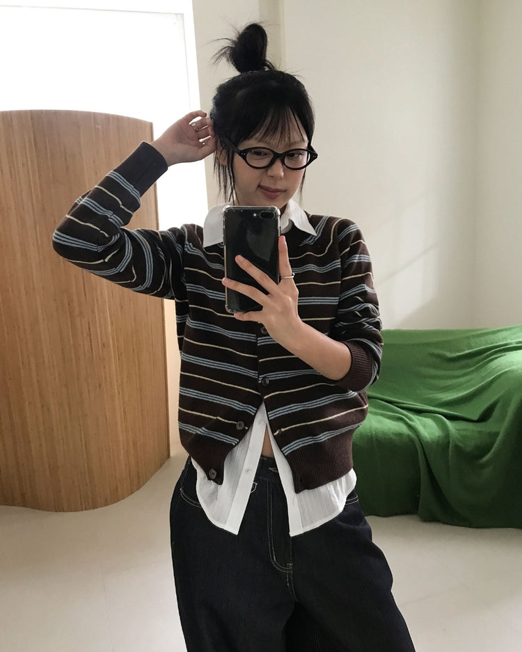 美色條紋排鈕針織外套