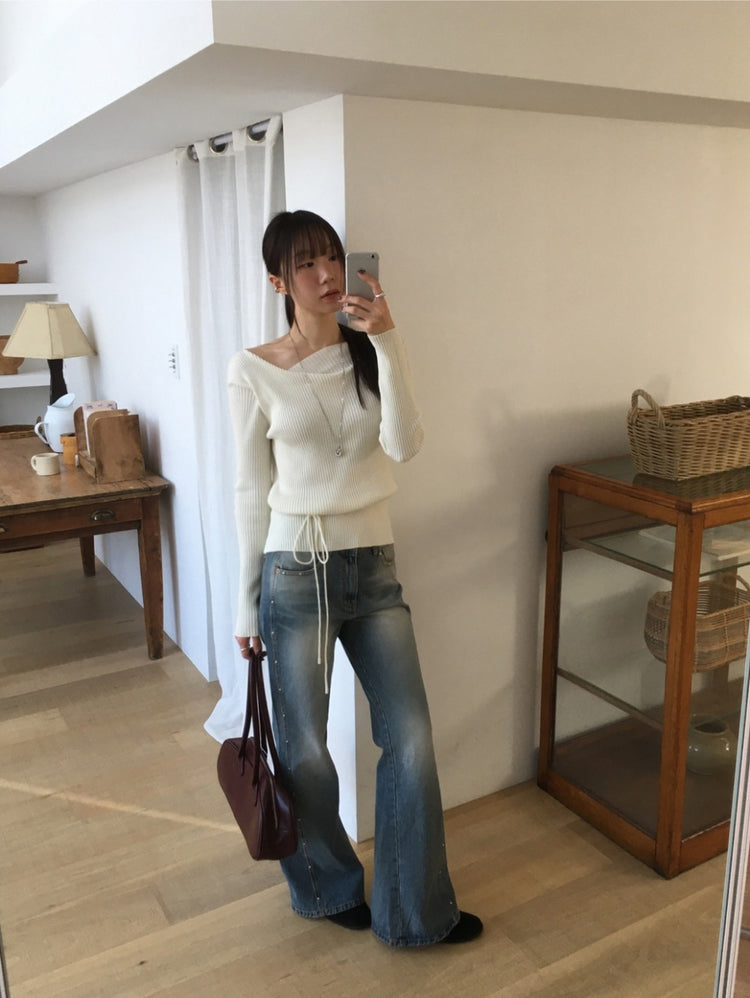 垂領綁帶修腰針織上衣