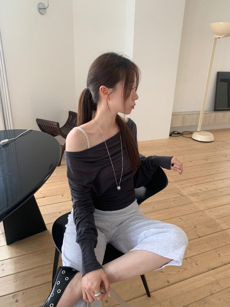 美背露肩修腰細節上衣