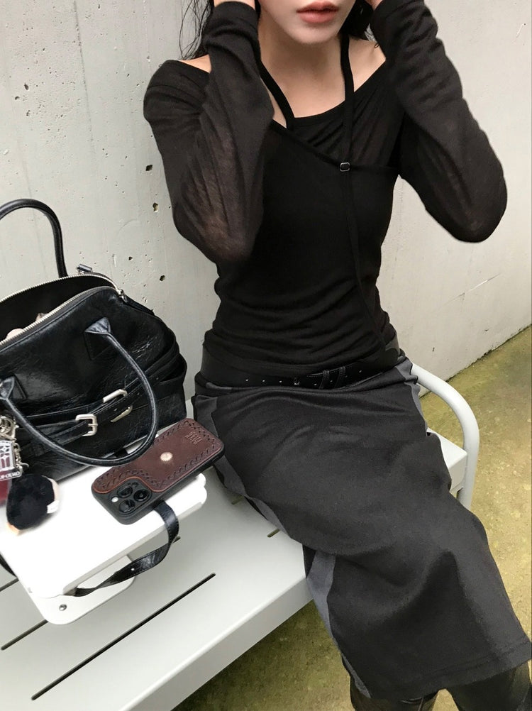 天絲微透膚不對稱垂帶設計上衣