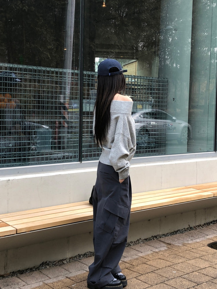 美肩寬帶寬鬆修腰針織上衣
