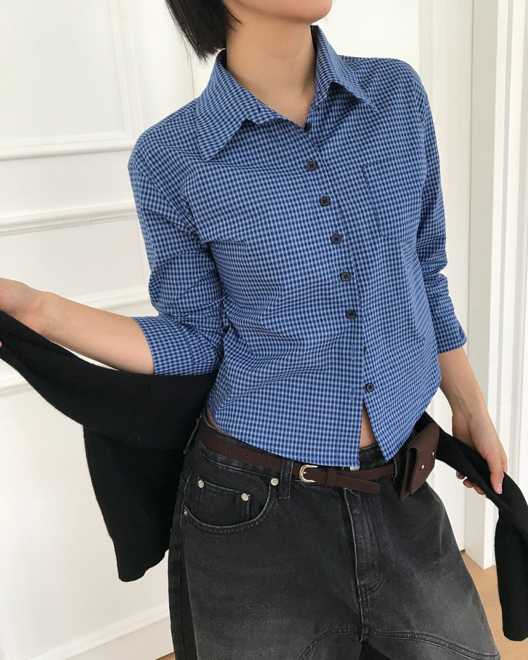 復古亮色格紋細節修腰襯衫