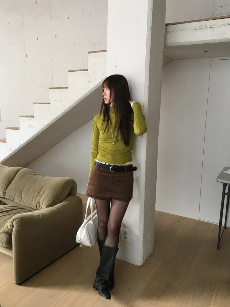 美色微透捲邊細節修身上衣