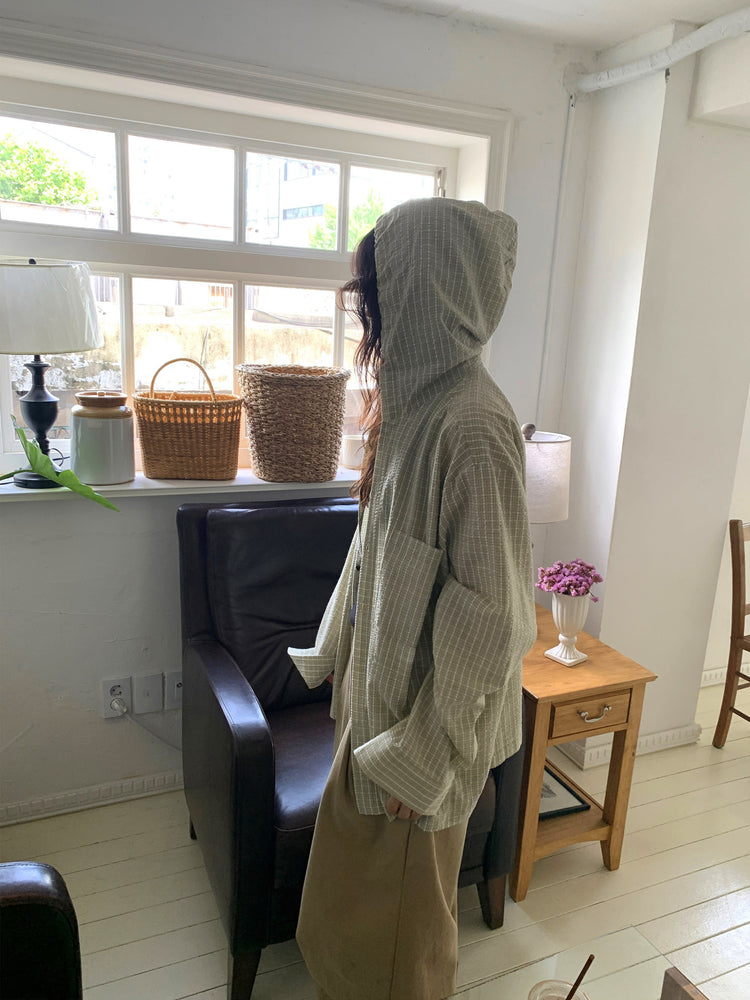 輕薄連帽格紋寬鬆襯衫