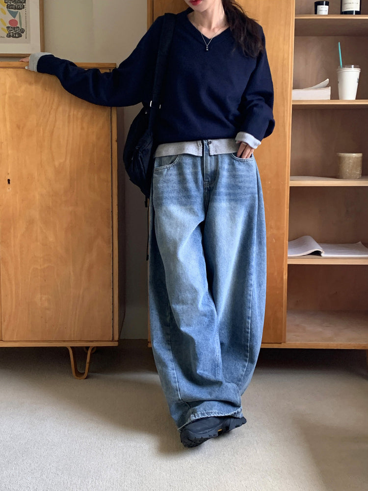 側壓褶細節廓形牛仔褲