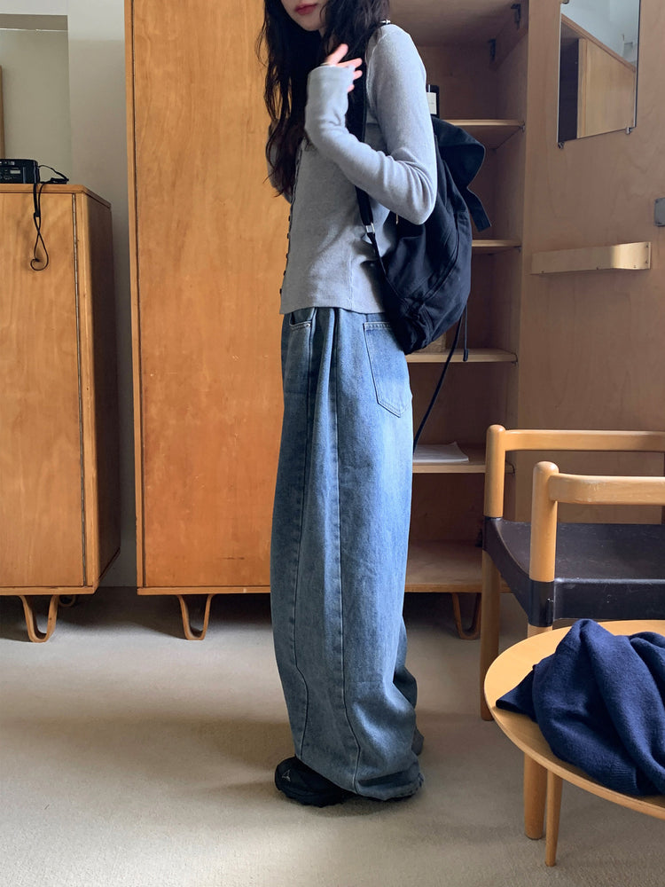 側壓褶細節廓形牛仔褲