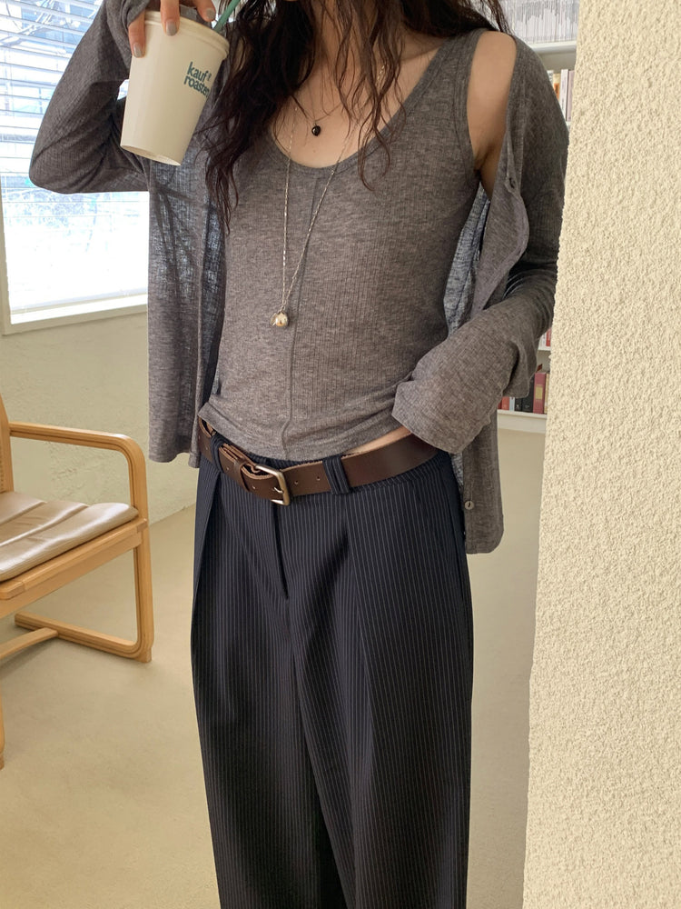 條紋內壓褶細節直褲