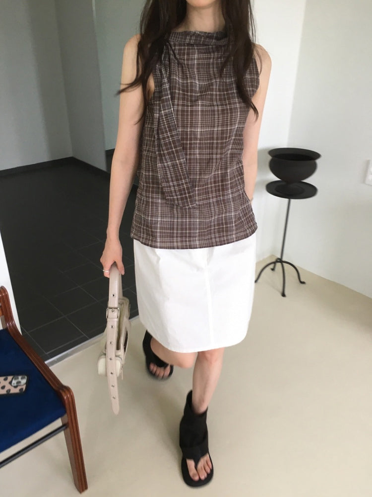 格紋側綁帶細節上衣
