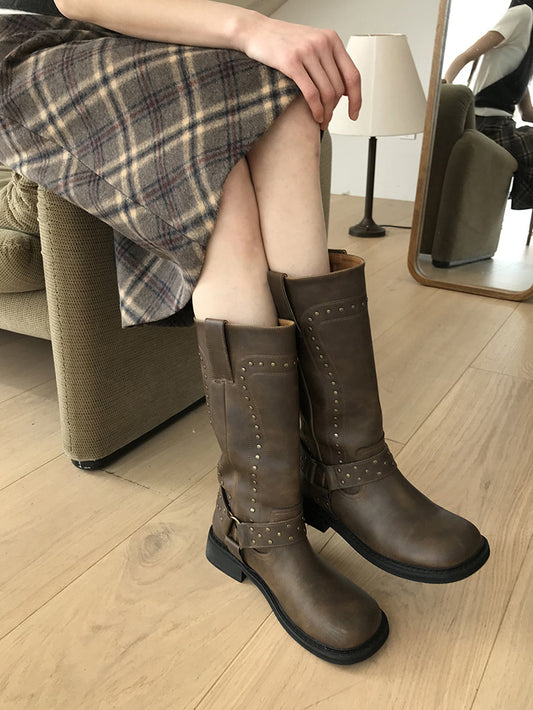 鉚釘側扣方頭中筒靴