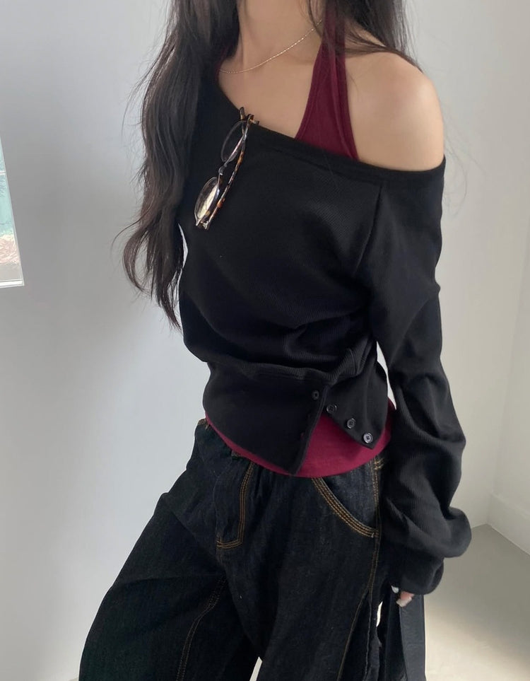 美肩撞色掛脖兩件式上衣