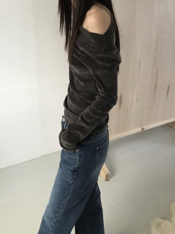 微透美肩絲絨質感上衣