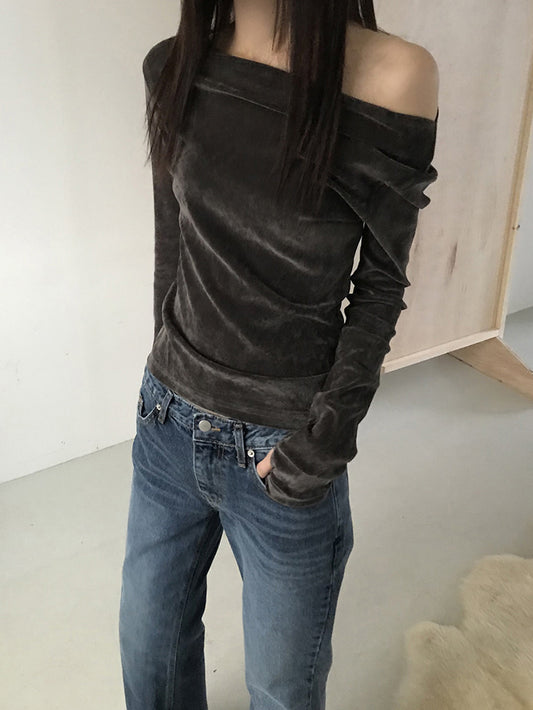 微透美肩絲絨質感上衣