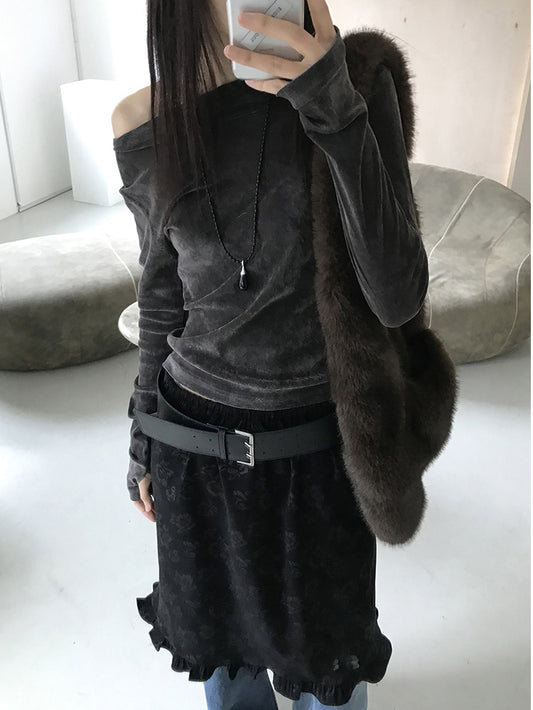 微透美肩絲絨質感上衣