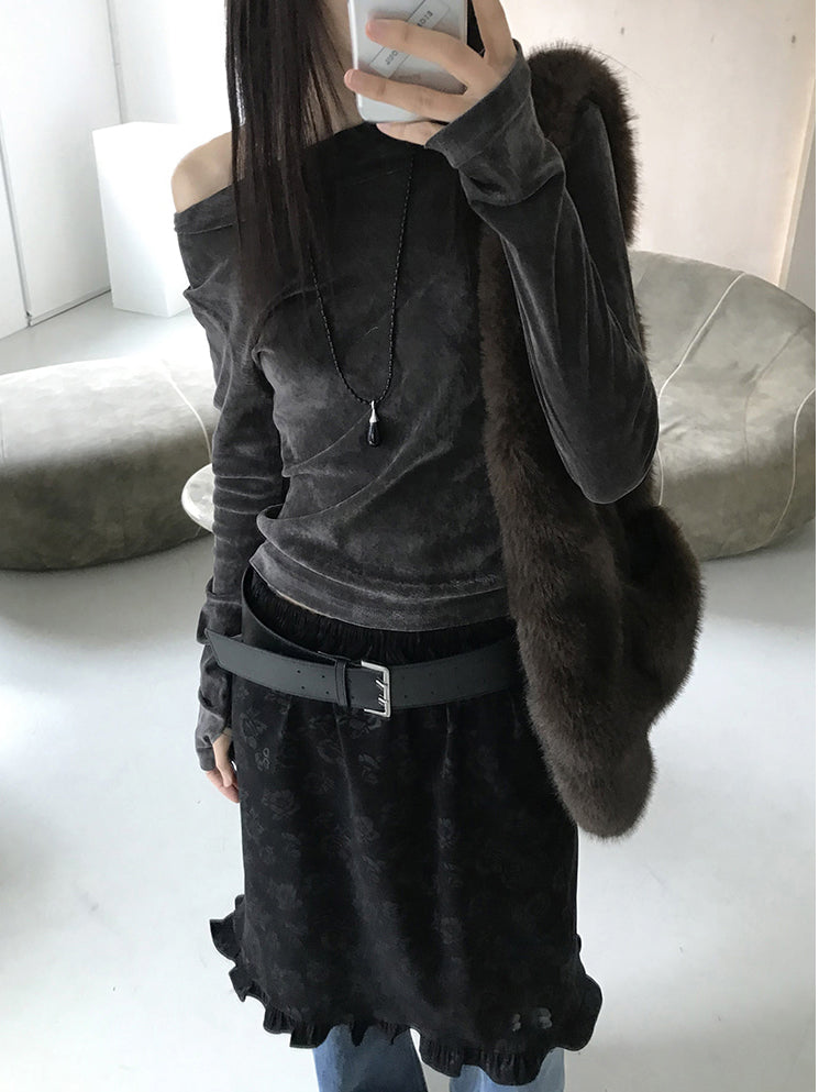 微透美肩絲絨質感上衣