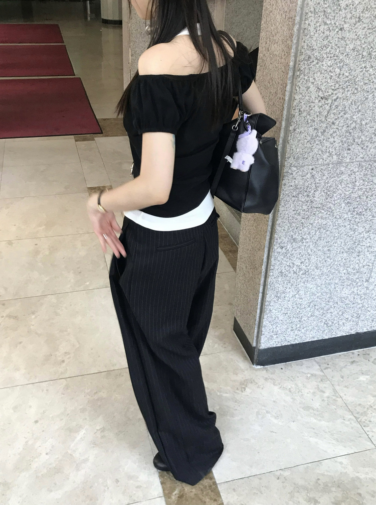美肩抓皺修腰細節上衣
