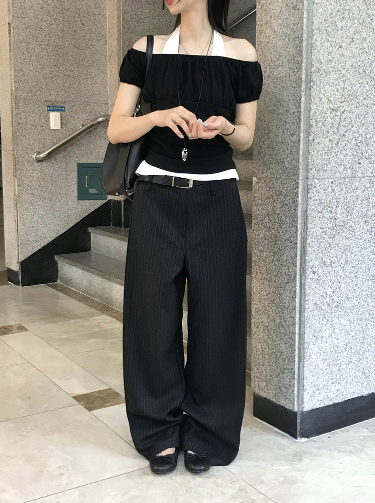 美肩抓皺修腰細節上衣