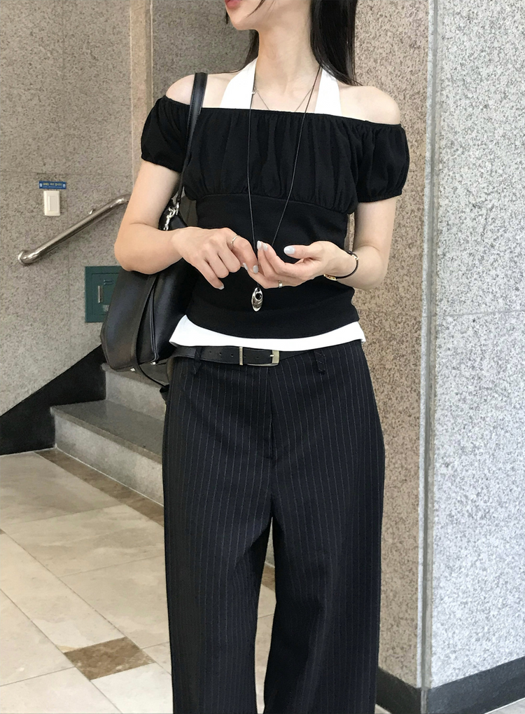 美肩抓皺修腰細節上衣