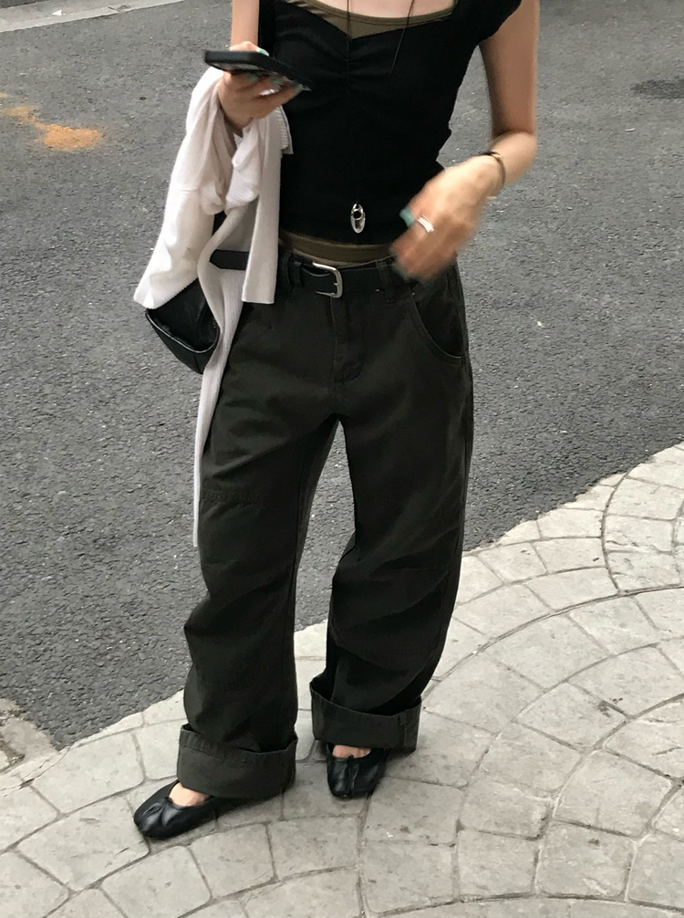 復古壓線細節工裝直褲