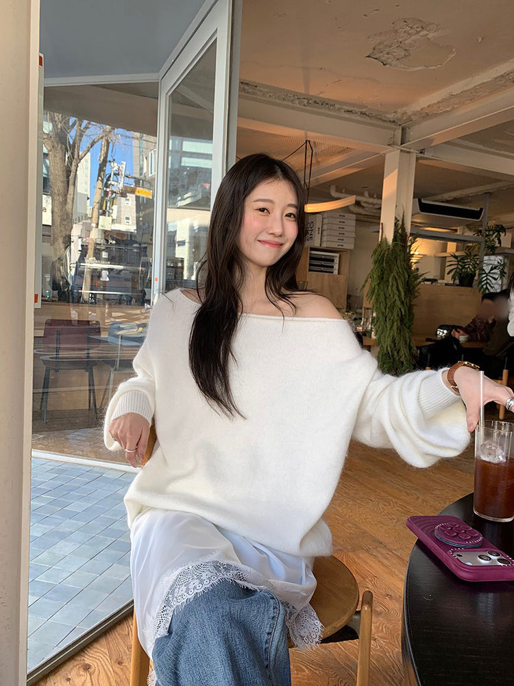 美色斜肩寬鬆束口毛衣