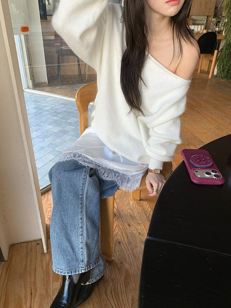 美色斜肩寬鬆束口毛衣