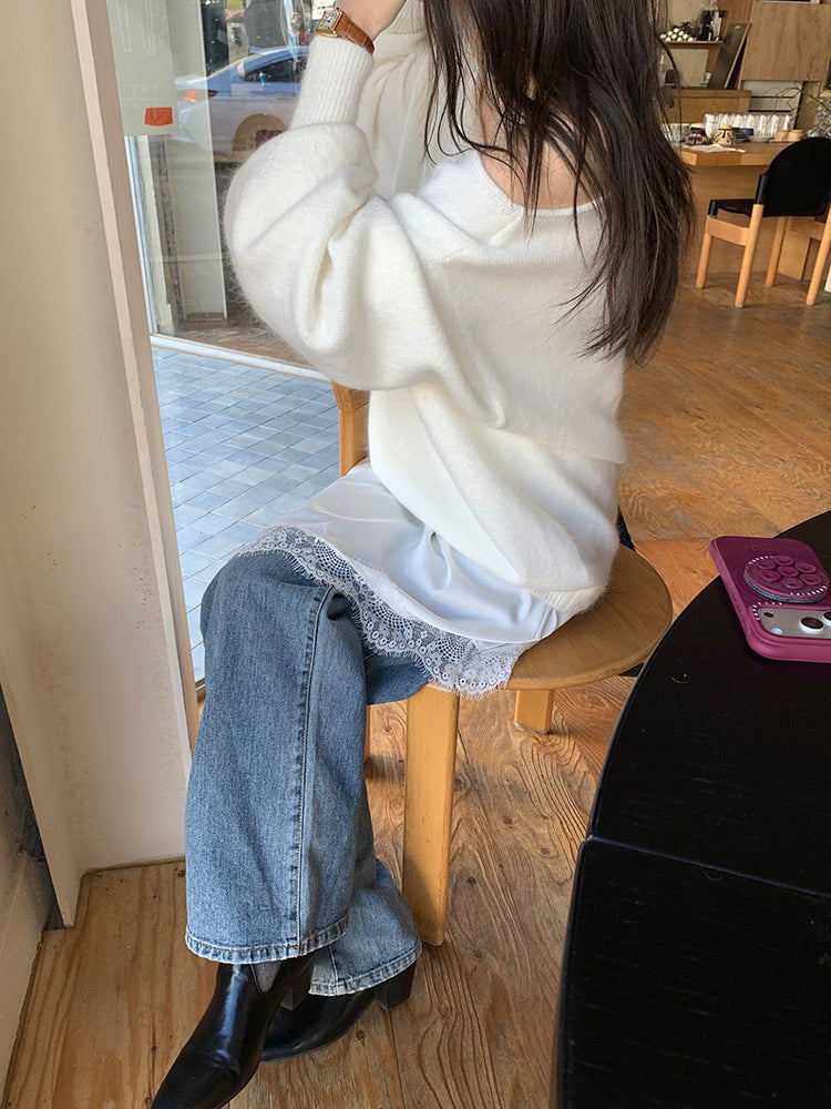 美色斜肩寬鬆束口毛衣