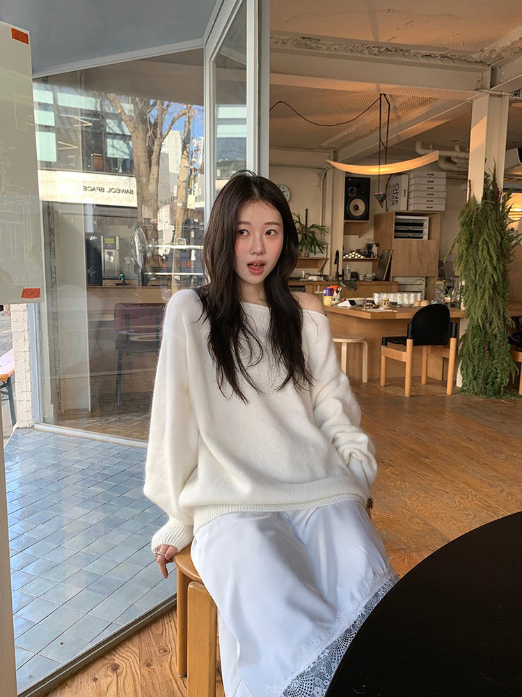 美色斜肩寬鬆束口毛衣