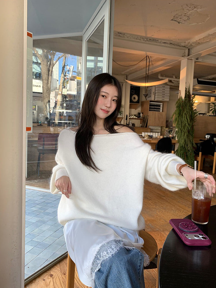 美色斜肩寬鬆束口毛衣