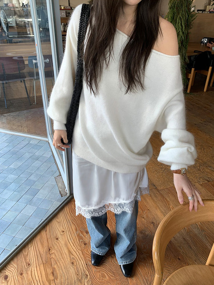 美色斜肩寬鬆束口毛衣