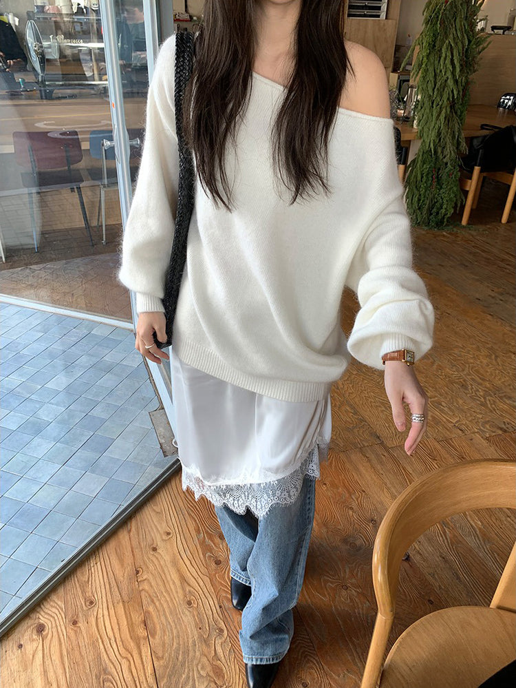 美色斜肩寬鬆束口毛衣