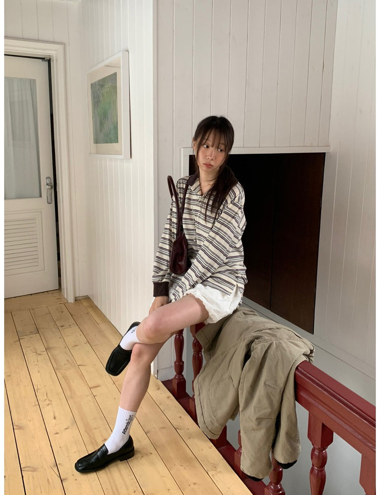 翻領條紋寬鬆上衣