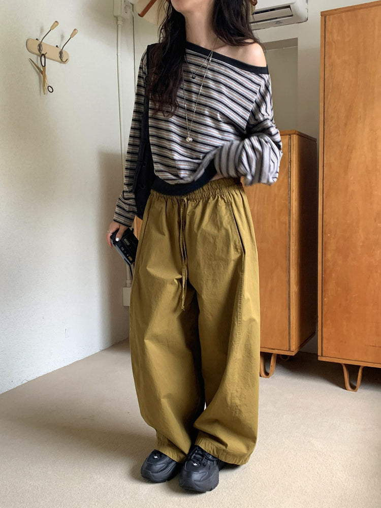 休閒雙壓褶寬鬆闊褲