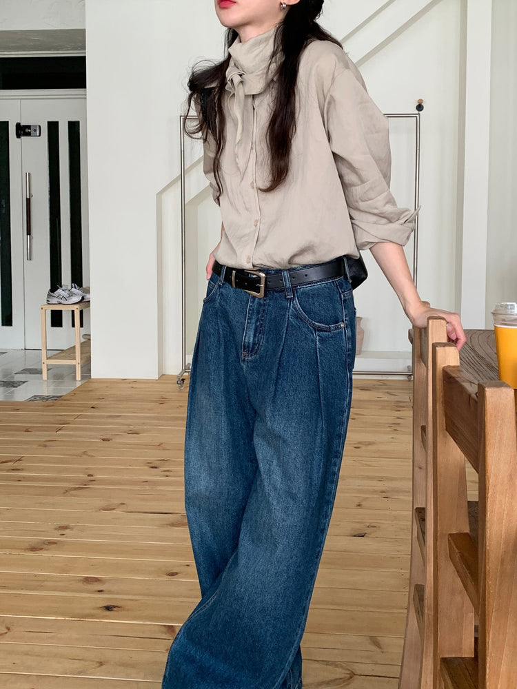 復古美色雙壓褶垂感闊褲(附皮帶)