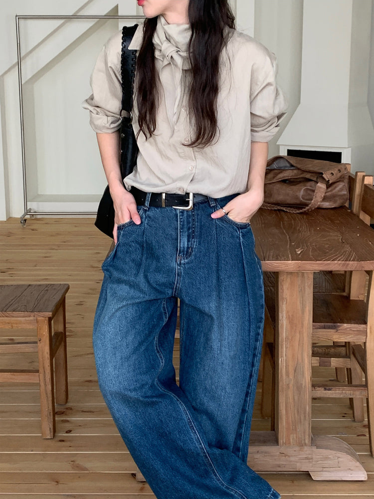 復古美色雙壓褶垂感闊褲(附皮帶)