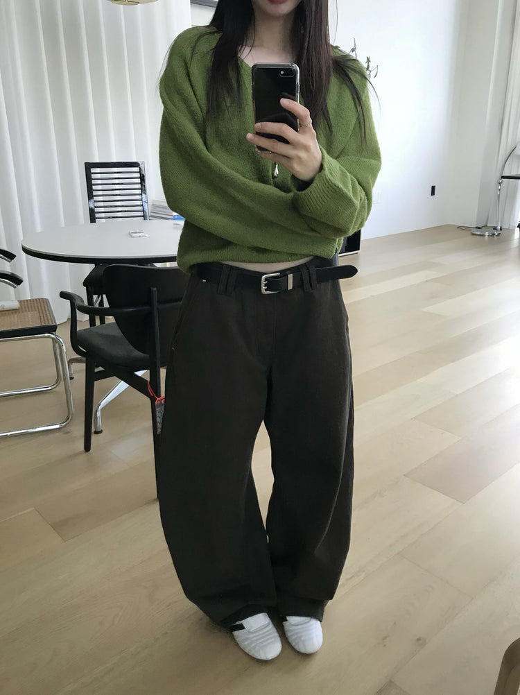 美色雙腰扣細節繭型褲