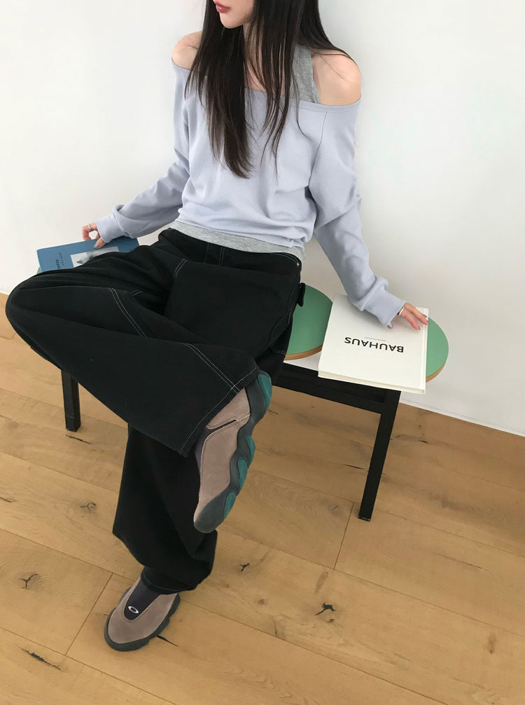 美肩撞色掛脖兩件式上衣