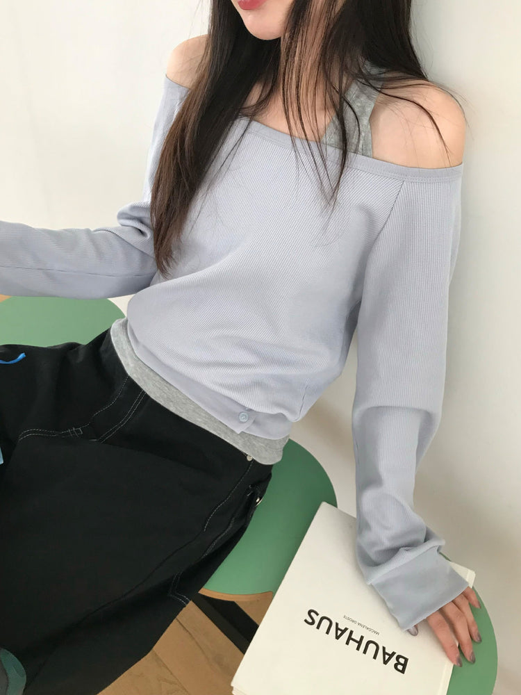 美肩撞色掛脖兩件式上衣