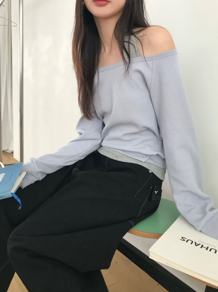 美肩撞色掛脖兩件式上衣