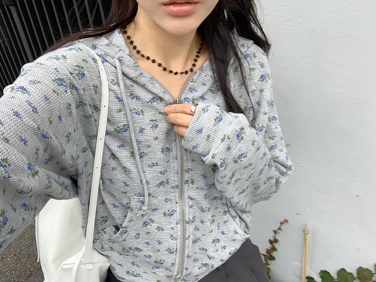 碎花華夫格背心連帽外套套裝
