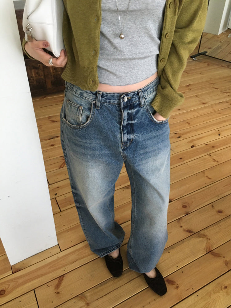 復古美刷色細節隨性牛仔褲