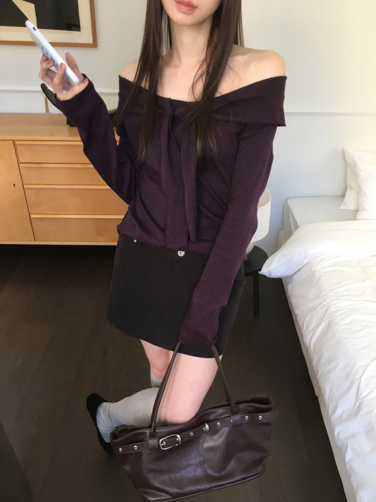 美肩垂帶領結條紋上衣