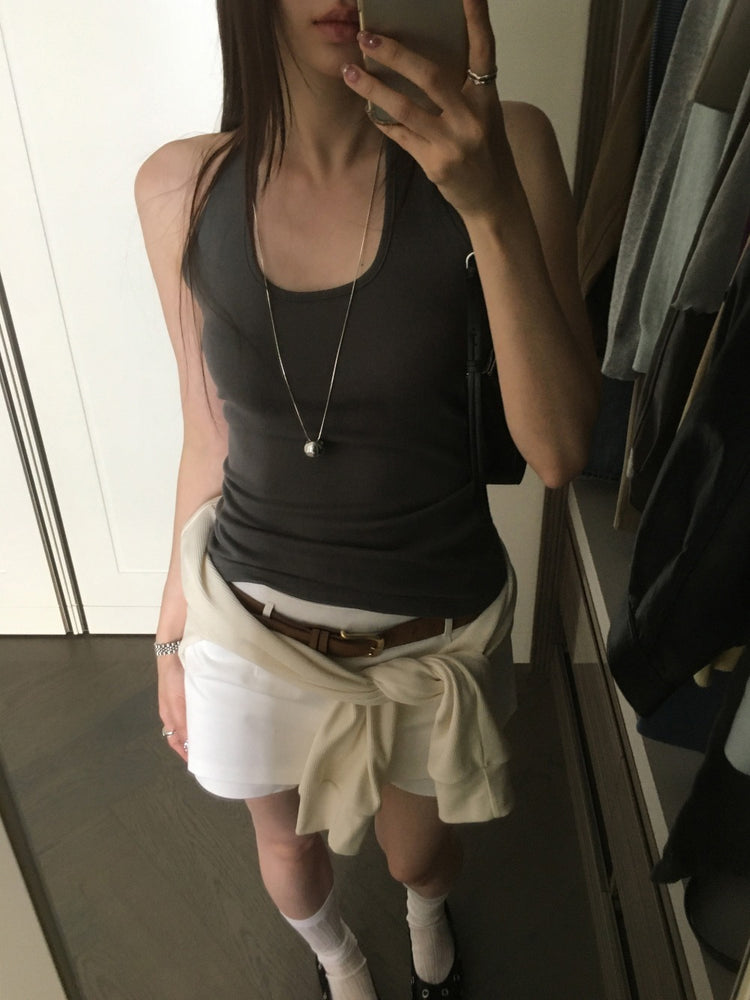 美肩撞色掛脖兩件式上衣