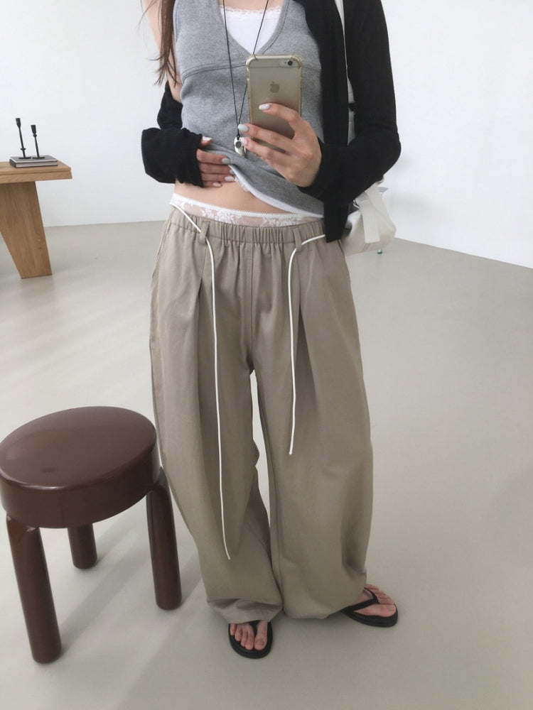 蕾絲褲邊細節垂帶闊褲