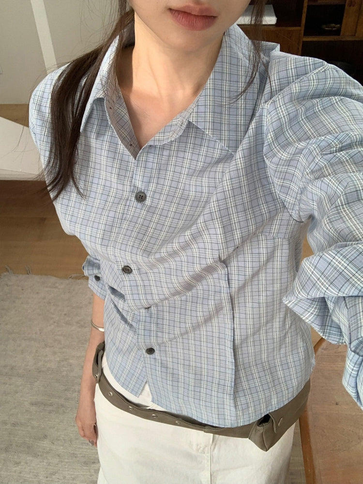 格紋修腰合身襯衫