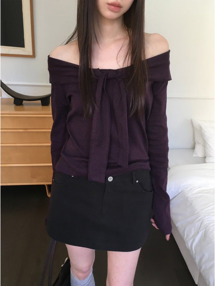 美肩垂帶領結條紋上衣