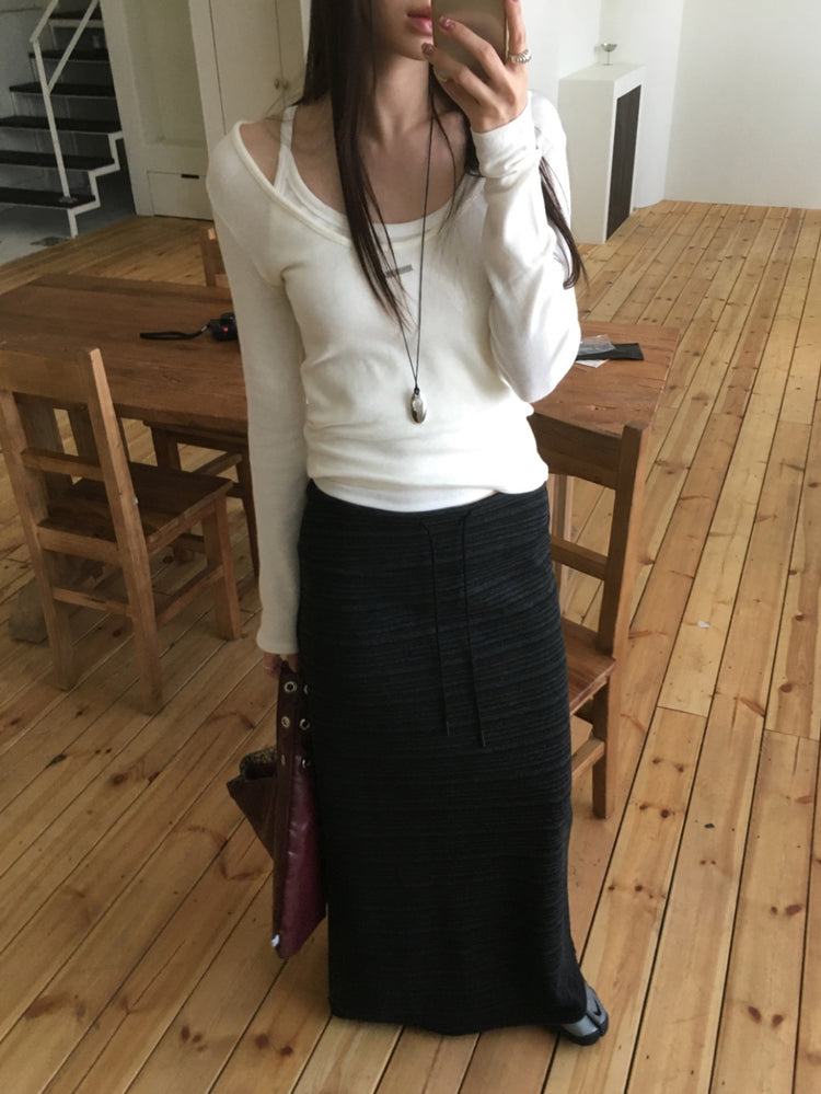 撞色條紋抽繩直裙