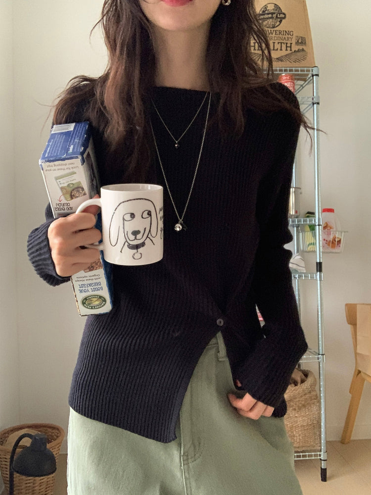 坑紋側開叉扣鈕細節針織上衣