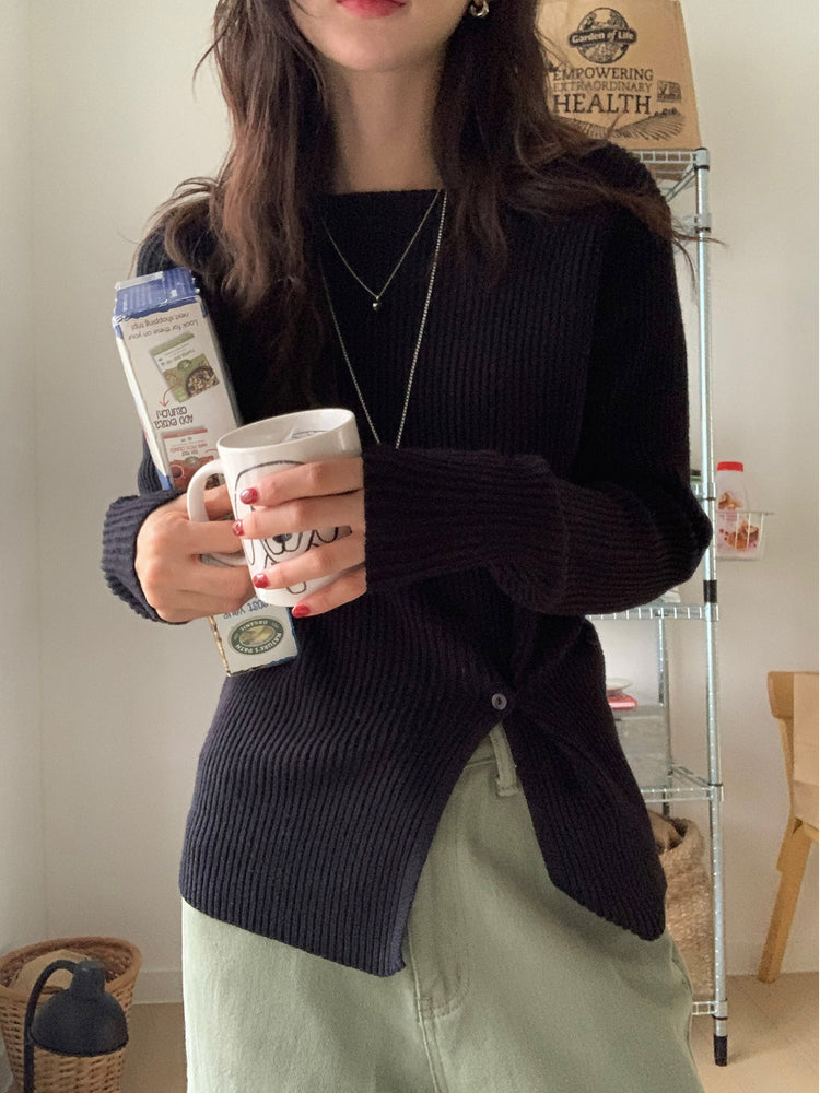 坑紋側開叉扣鈕細節針織上衣