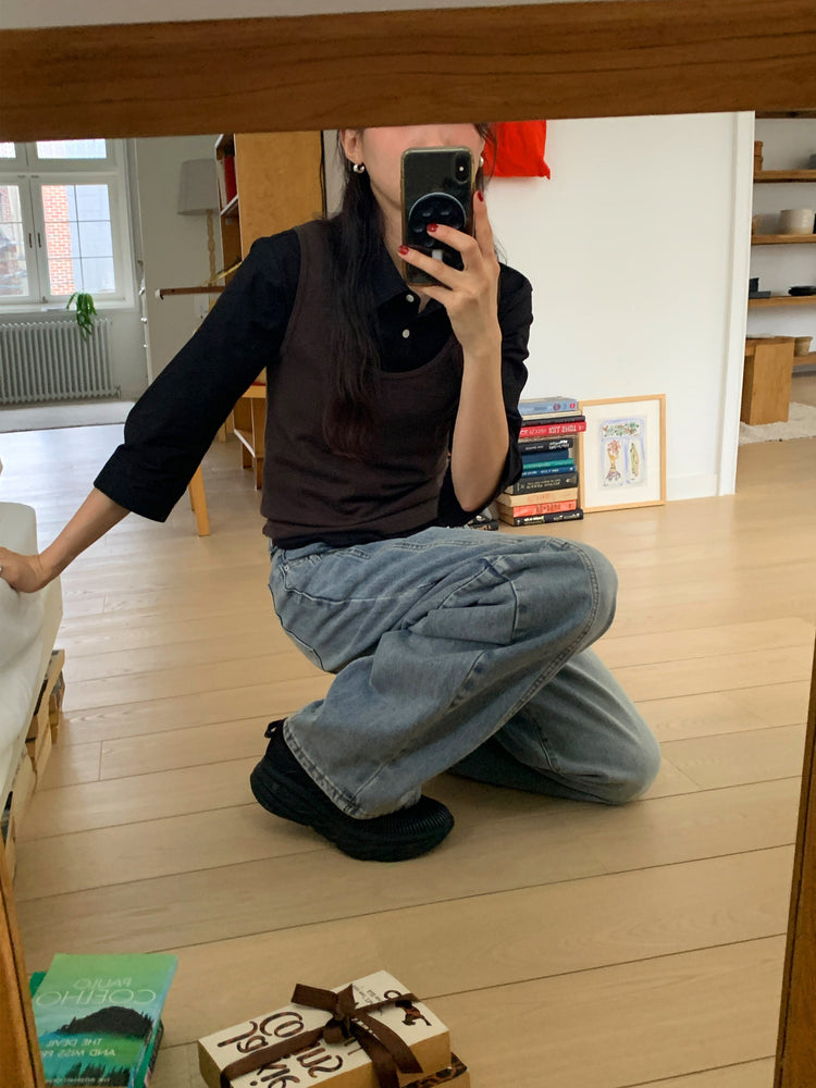 七分袖修腰層次襯衫