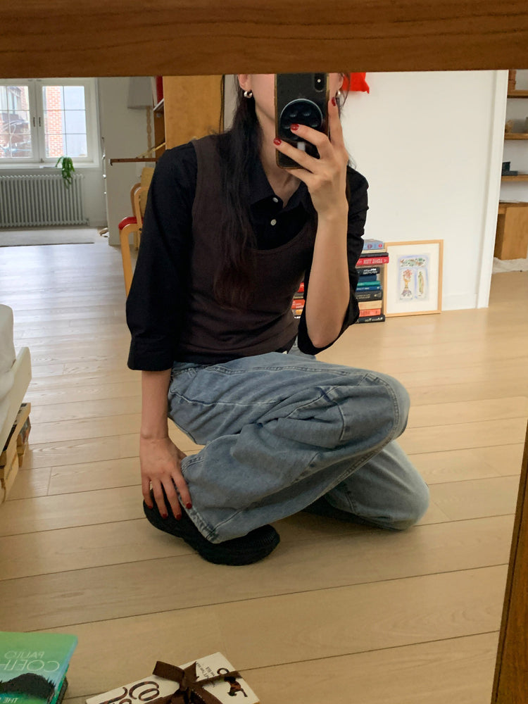 七分袖修腰層次襯衫