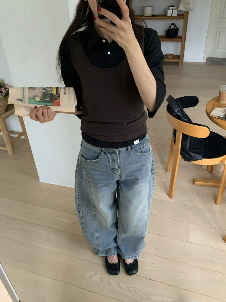 七分袖修腰層次襯衫